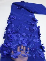 2025 Blue 3D Flower Lace Fabric With Pearls High Quality French Embroidery Tulle African Fabric For Wedding Party Dress Sewing 5