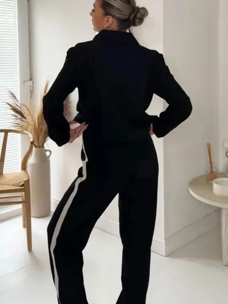 HH Women Fashion Side Stripe Coat Pant Set Long Sleeve Zipper Jacket Elastic Waist Wide Leg Pants High Street Lady Outfit