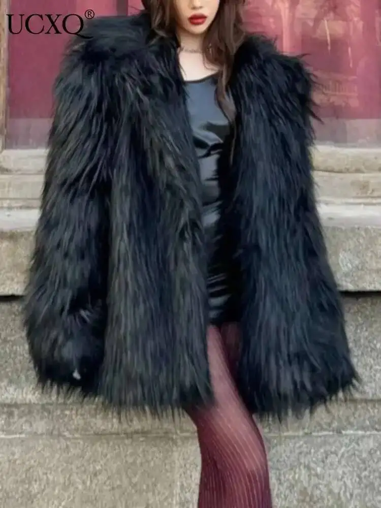 UCXQ Temperament Faux Fur Coat European Style Street Fashion All Match Loose Casual Women's Outerwear 2025 Autumn Winter 23C2516