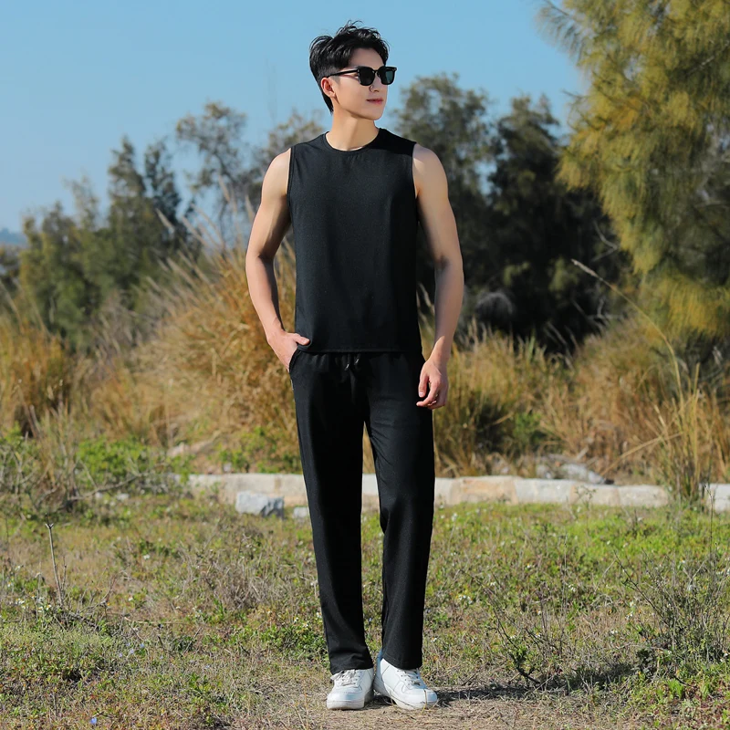 Men'S Running Fitness Summer Loose Ice Silk Quick Drying Sleeveless T-Shirt Pants Two Piece Male Basketball Tank Top Sports Set free custom men s basketball uniform club quick drying boy shirt breathable sleeveless sports vest basketball team jersey set