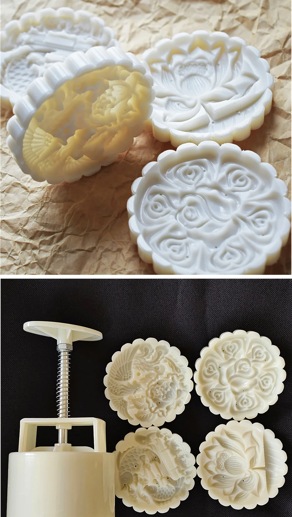 Description Picture 5 of item4Pcs/Set 200g Chinese Traditional Big Gram Moon Cake Mold Love Lotus Fish Dragon Dessert Pastry Stamp Hand Press Plunger Bakewar