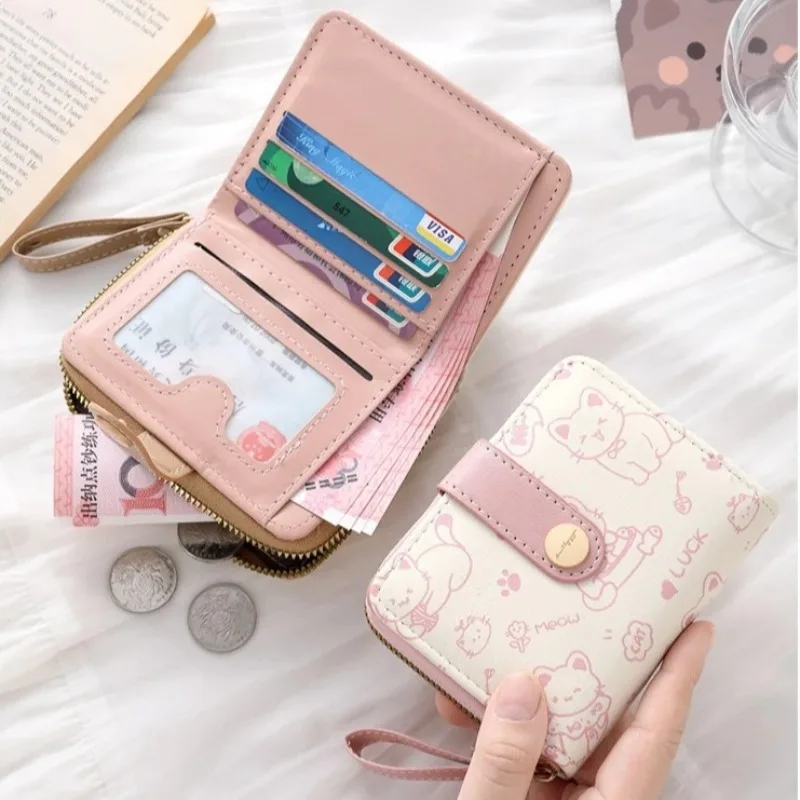 Cute Cat Cartoon Coin Purse - Girls' Large Capacity PU Leather Wallet with ID Card Holder