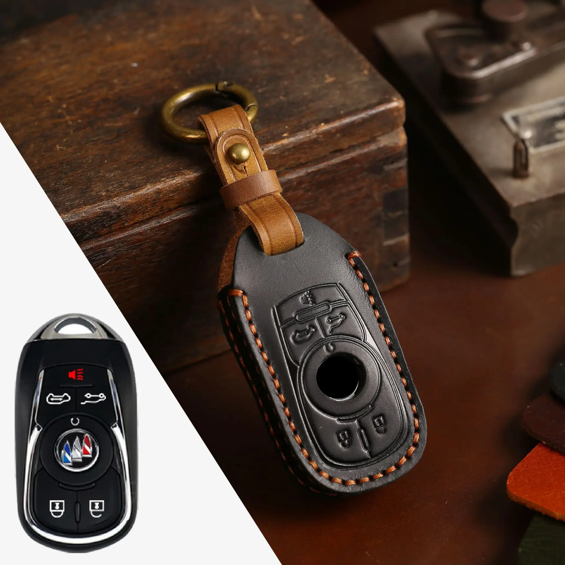Luxury Leather Key Fob Cover: Anti-Scratch, Shockproof Protection with Metal Ring
