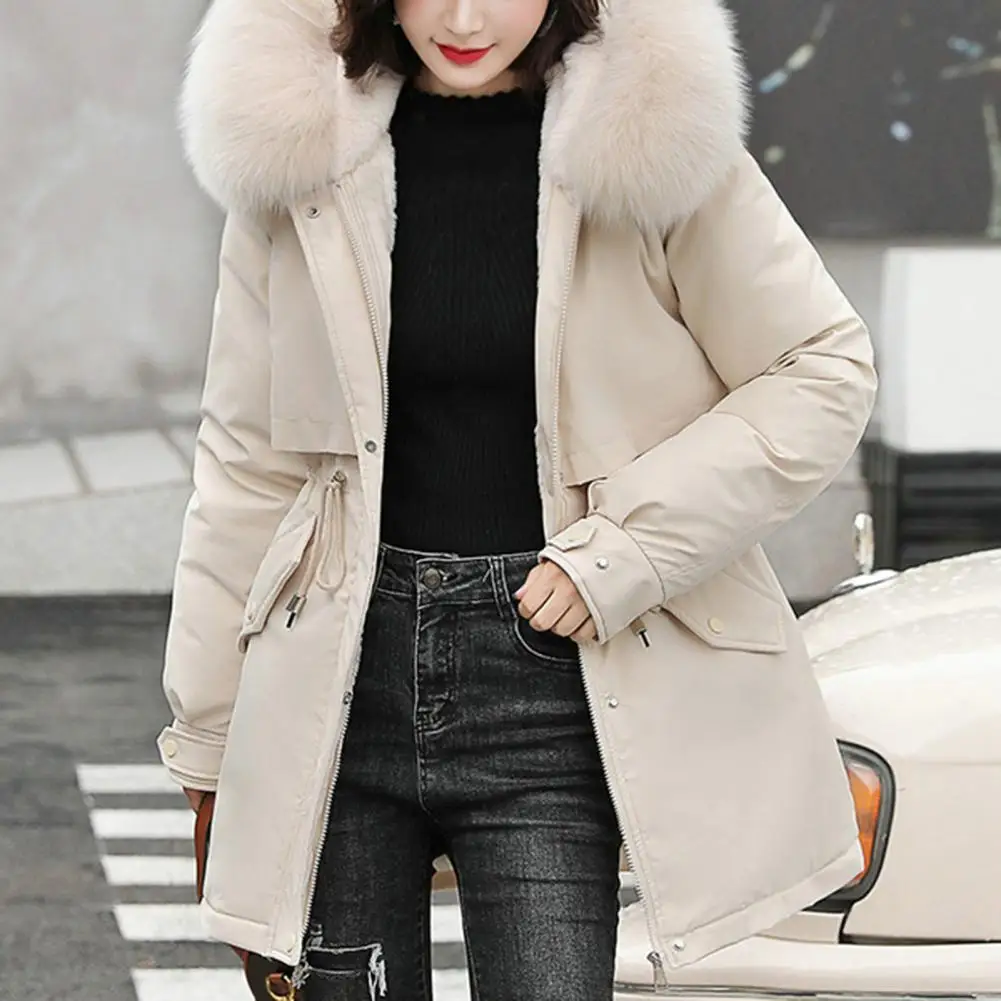 

Winter Coat Low Price On Sale Women Beige Add Wool Thick Warmth Fur Hooded Parkas Jacket 2023 New Fashion Belt Slim Cotton Coat