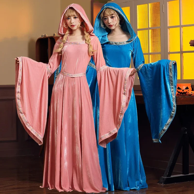 

Girls Palace Halloween Costume Retro European Medieval Dress Noble Middle Ages Pink Blue Robe Court Party Princess Dress Elegant