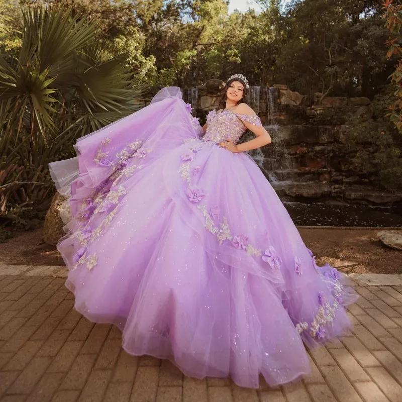 

Lavender Sweetheart Ball Gown Quinceanera Dresses Vestidos De 15 Anos Fashion 3DFlower Beading Tulle Sweet 16 Princess Party Gow