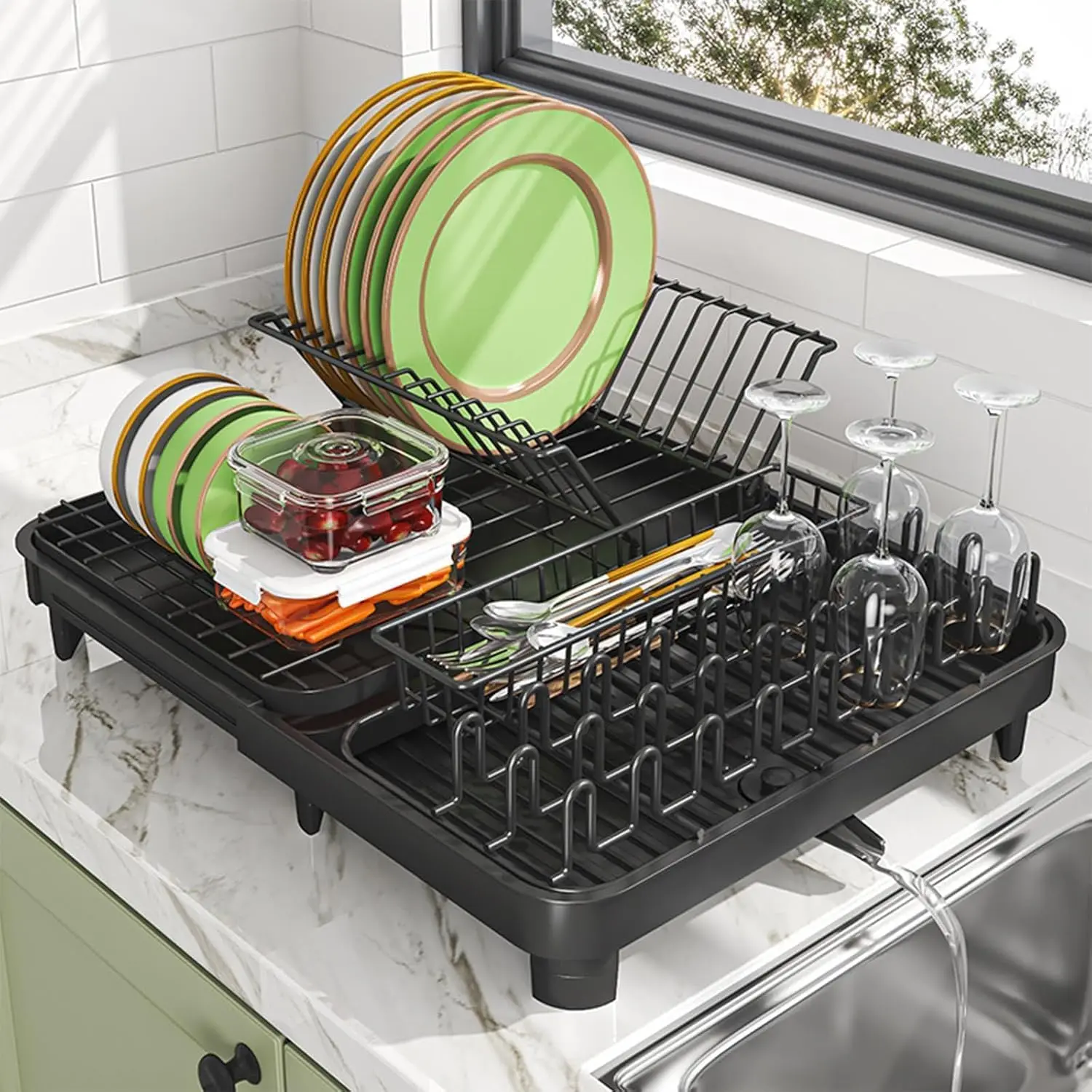 Dish Drying Rack, Large-Capacity Dish Drainer with Cutlery Holder Rotatable Water Drainer for Kitchen Counter 2