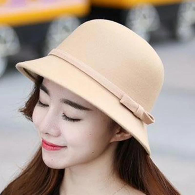 1PCS Herbst Winter Vintage Filz Fedora Hüte Bowknot Weiche Panama Kappe Elegante Dome Eimer Kappe Für Frauen – Detail 8