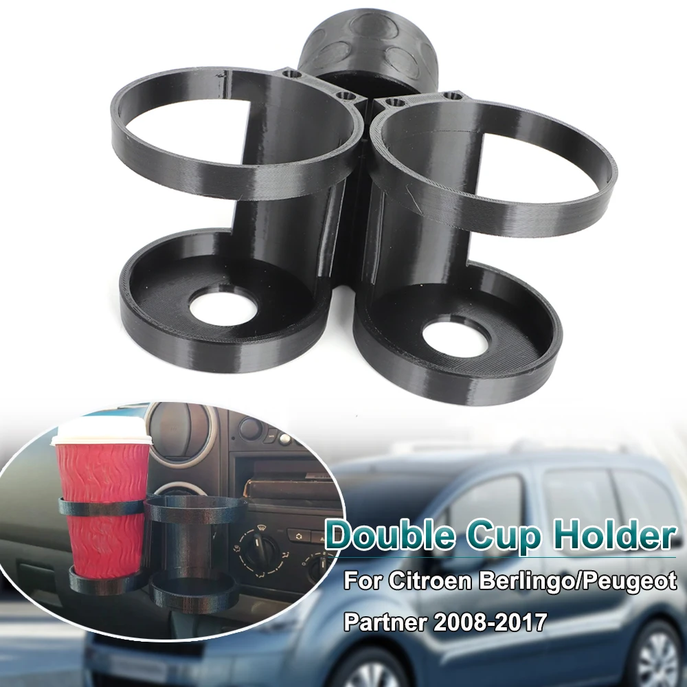 JERBOR Double Drink Cup Holder For 2008–2017 Citroen Berlingo Multispace & Peugeot Partner – Front Interior, Black PLA