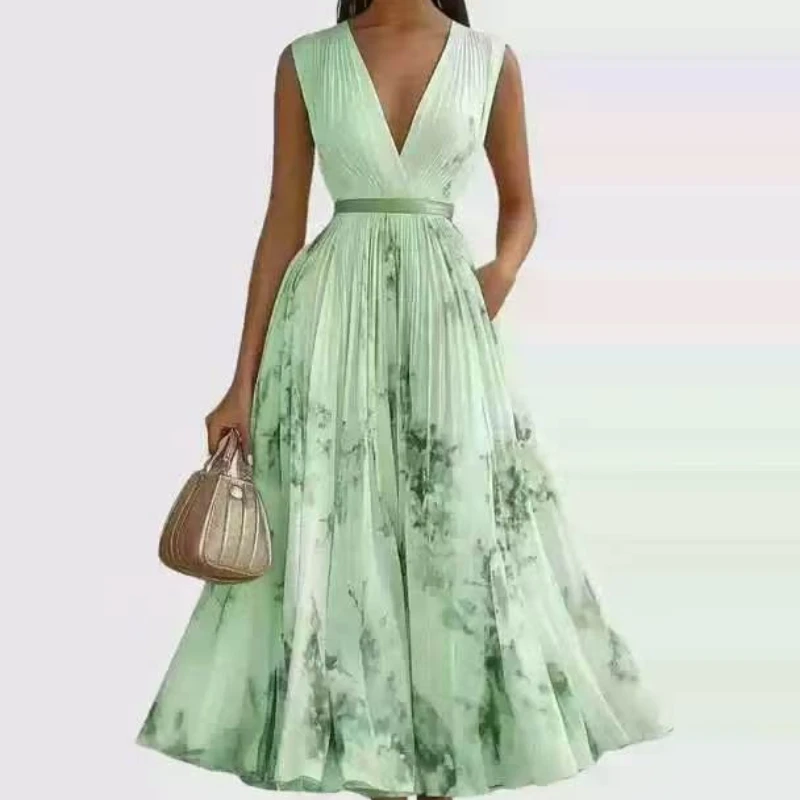 Women Pleated Dress 2026 New Summer Printed Sexy V-neck Sleeveless Dress Fashion Maxi Elegant Party Dresses Ladies Vestidos