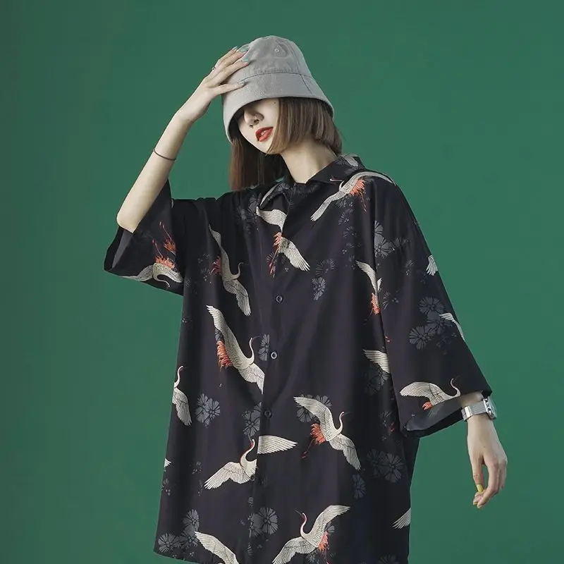 

QWEEK Vintage Women's Blouses Harajuku Streetwear Oversized Shirts BFstyle Green Top Long Sleeve Button Up Couple Cool Outerwear