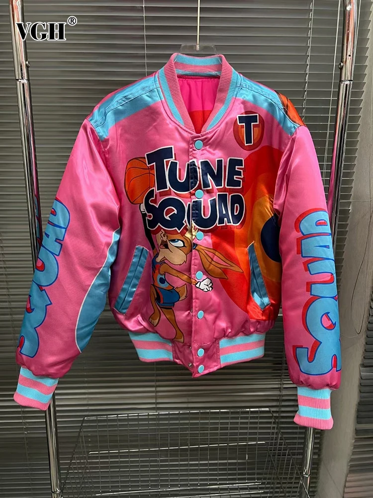 

VGH Hit Color Cartoon Printing Loose Coat For Women V Neck Long Sleeve Patchwork Single Breasted Streetwear Coats Female Fashion