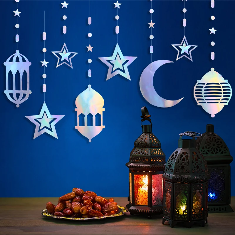 Ramadan Gold Silver Star Moon Lantern Hanging Streamer Garland Eid Mubarak Home Decoration 2025 Muslim Islamic Party Supplies