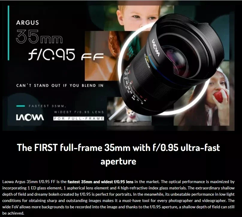 Venus Optic Laowa Argus 35mm f/0.95 FF 렌즈 ? 수동 초점 ·15-블레이드 ·다이어프램 풀프레임( E용) 캐논 RF용 ? 니콘용