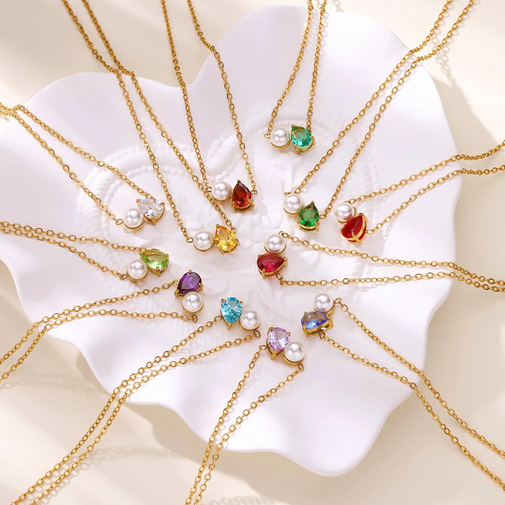 Stainless Steel Birthstone Water Drop Necklace For Women Gold Color Pearl Water Drop Necklace Wedding Jewelry Birthday Gift