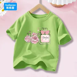 Elegant Floral Perfume Bottle Graphic Tee for Girls - Summer Short Sleeve Cotton Top (Green)