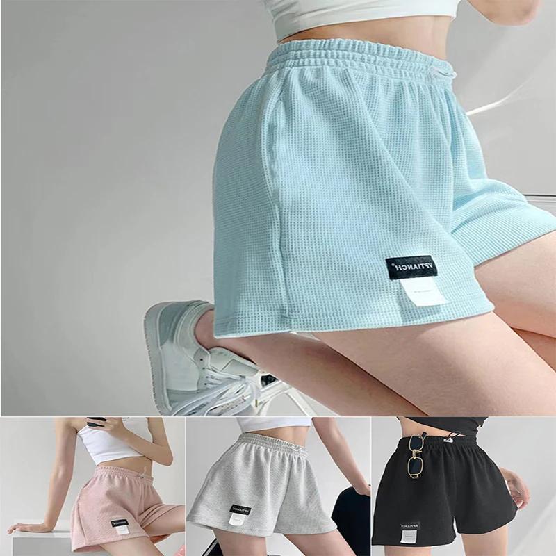 

Women Shorts Without Pocket Summer Solid Color High Waist Hot Pants Casual Loose Sports Pants Elastic Waist Girls Cycling Shorts