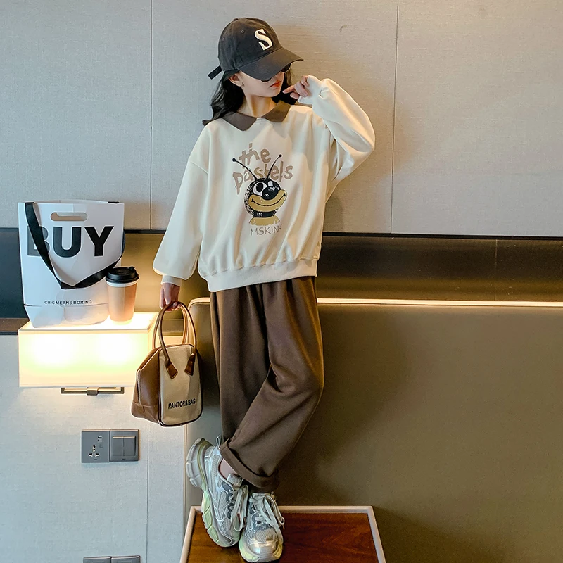 

Spring Fashion Kids Clothes Girls Suit Kids Long Sleeve Polo Cartoon Pattern Sweatshirts Wide Leg Pants 2 Piece Set for 5-14Yrs