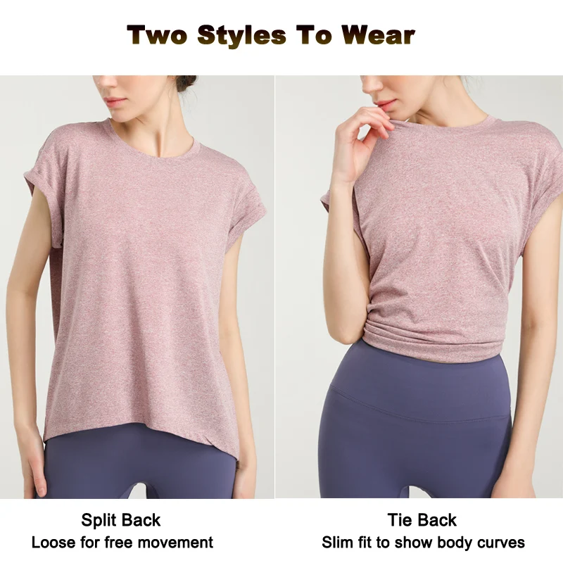VITALINOVO Women's Workout Tanks Tie Back Short Sleeve Shirts Yoga Athletic Open Back Sport Gym Tops Breathable Gym T Shirts 6