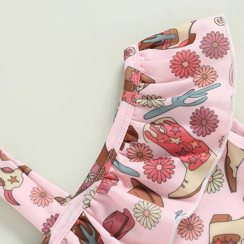 6M-2T Girls Summer Casual Cute Swimsuit Sleeveless One-Shoulder Floral Swimsuit Brown Pink