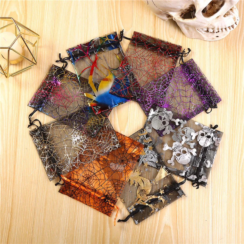 100pcs/lot 10x14 13x18cm Spider Web Bronzed Organza Bags Halloween Party Gift Candy Drawstring Pouches