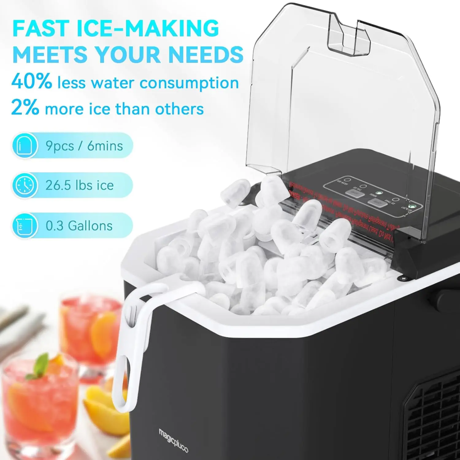 Ice Makers Countertop, Ice Machine with Carry Handle, 9 Cubes in 6 Mins, 26.5 lbs per Day, Self-Cleaning Portable Maker for Home