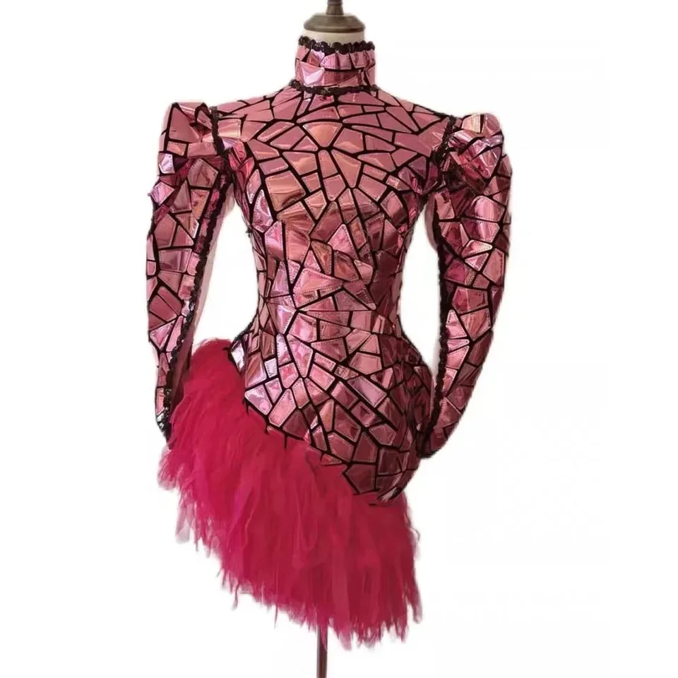

Pink Mirror Dress Stage dance Costume for Women pink long sleeve backless tight lace Sexy club Party Prom Birthday Dresses
