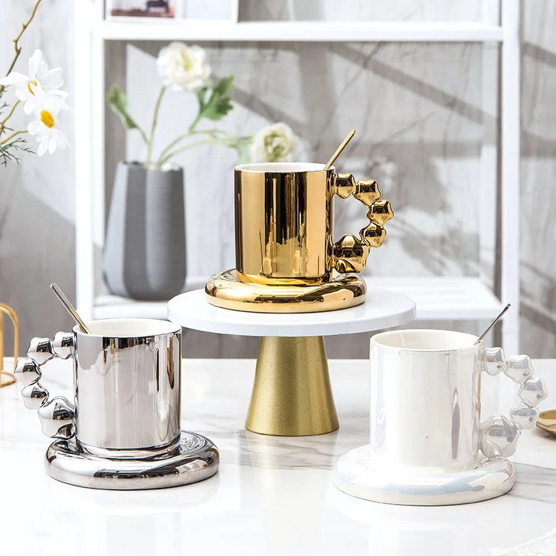 Luxury Gold Silver Coffee Cup and Saucer Porcelain Creative Star Cup Saucer Nordic Ceramic Tea Cup Mug Set Wedding Birthday Gift