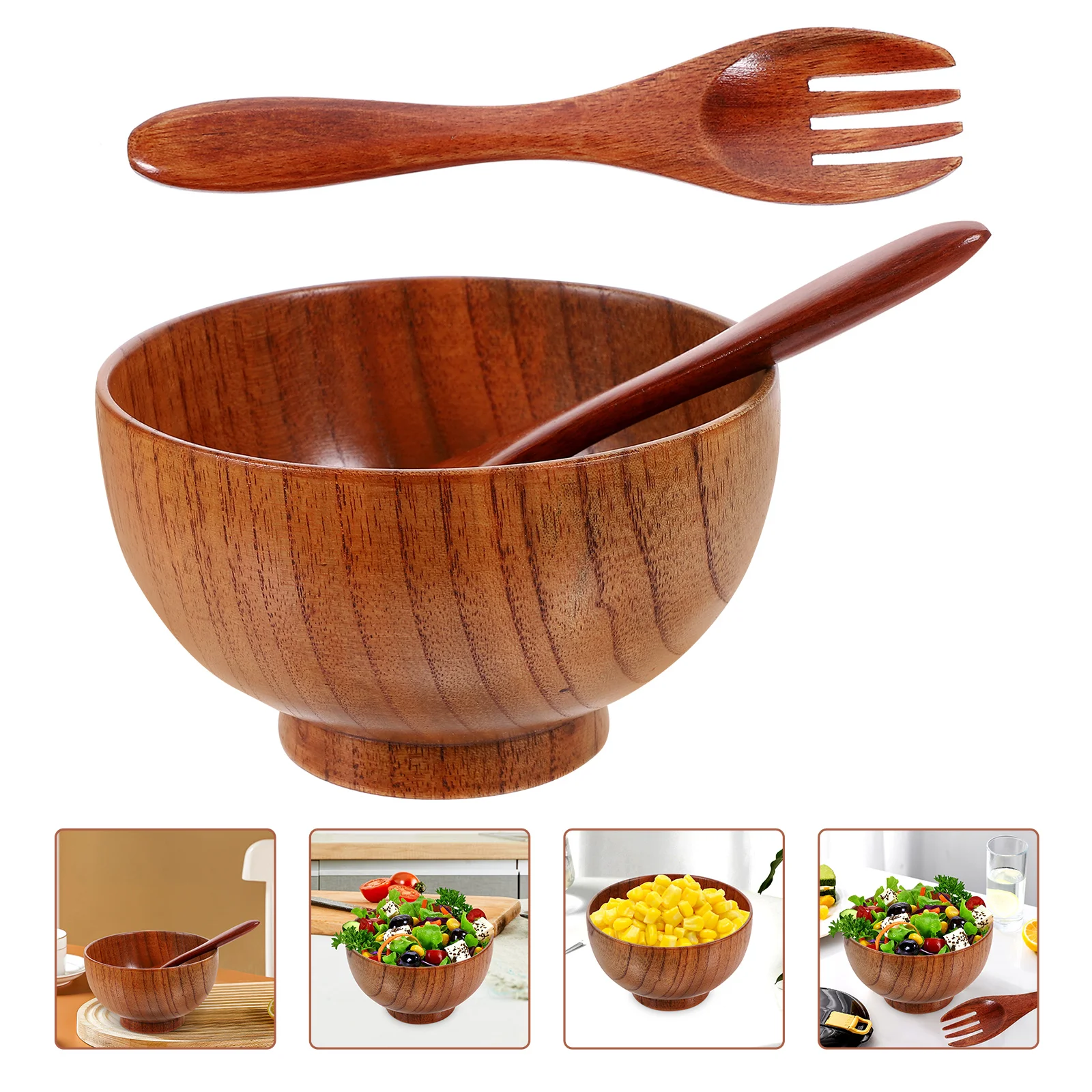 Noodle Log Deep Bowl Wooden Set Salad with Serving Utensils for Fruit Baby Spoons