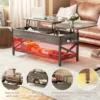 Coffee Table, Lift Top Coffee Table with Storage, LED Light & Power Outlet & Hidden Compartment, Retro Center Table ，Black Oak 3