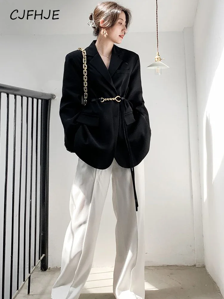 CJFHJE Vintage Fall Women Blazer Elegant Belt Korean Loose Black Turn Down Collar Ladies Jacket Casual Slim Female Coats Chic