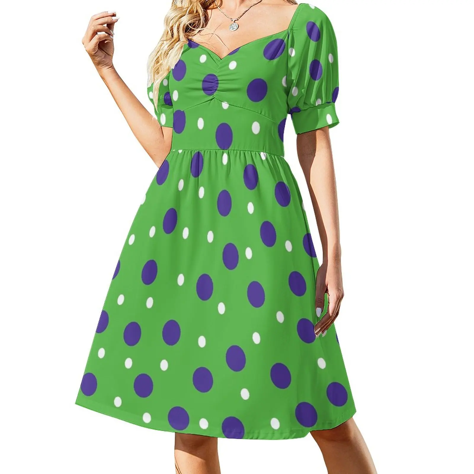 

Lime Green Patern with Purple and White Polka Dots Sleeveless Dress evening dress women women clothes festival outfit women