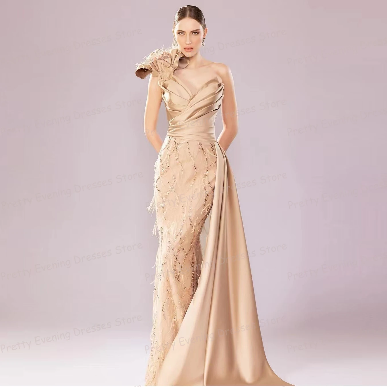 

Elegant Sexy Mermaid Evening Dresses Woman's One Soulder Sleeveless Prom Growns Sparkling Feathers Party Fashion Formal Vestidos