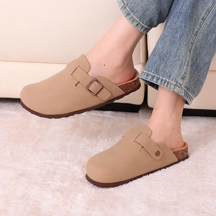 CRACOMIN Kork-Clogs Hausschuhe Damen Slip-on Herren Klassische Leder-Pantoletten Korkfußbett Sandalen Modische Strand-Slides Flache Hausschuhe – Detail 17