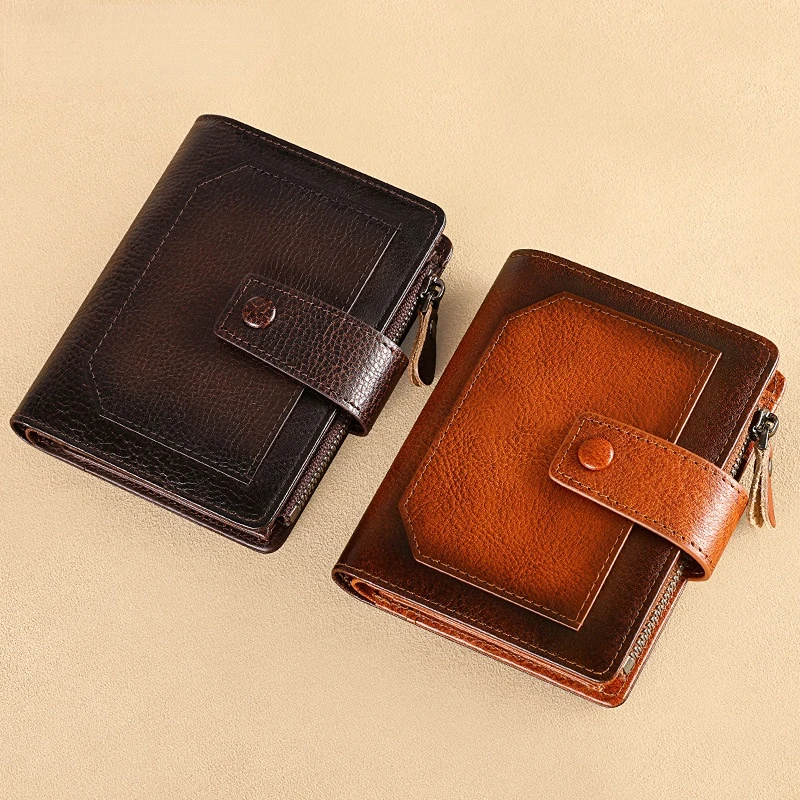 Wallet Men's anti-theft swipe card vertical vintage leather multi-functional zip fastener Men's leather wallet Card bag