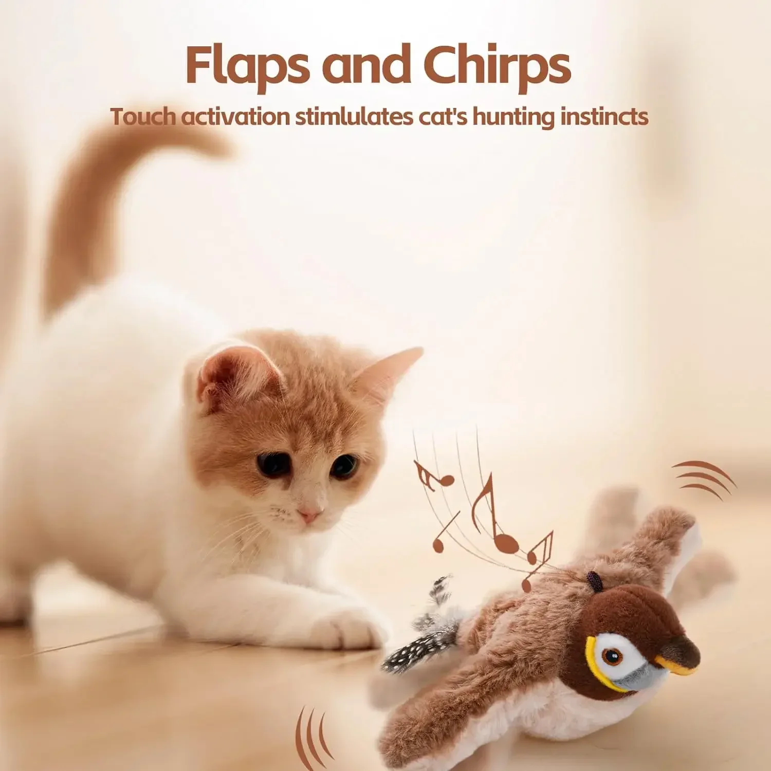 Cat Toys Interactive Rechargeable Chirping Flapping Bird(no Flying) with Catnip for Indoor Cats Touch Activated Plush Toys