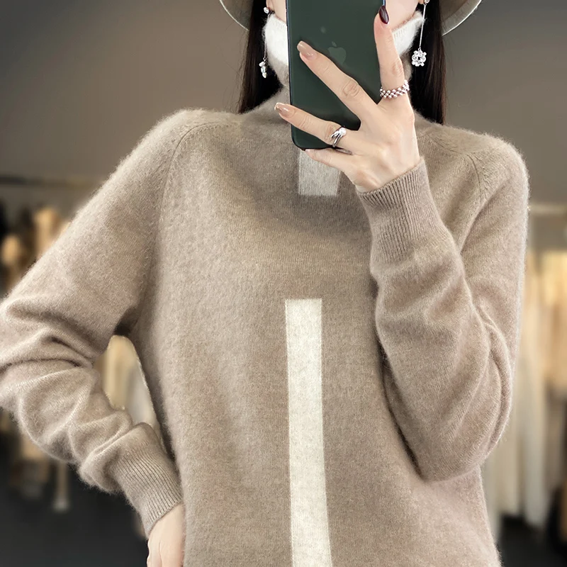 

Spring New Women's Sweater Center Color Block 100% Mink Fleece High Neck Knitted Pullover Slim Fit Soft and Warm Long Sleeves