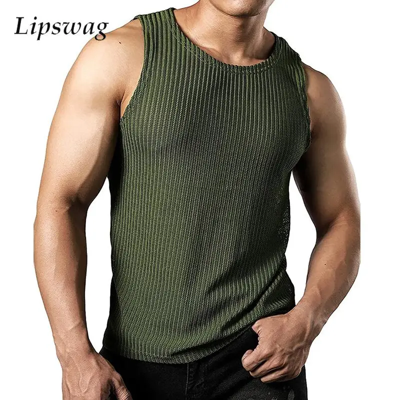 

New Casual Knitwear Mens Tank Tops Knitted Solid Color Slim Sleeveless Vest Top For Men Streetwear Fashion Crew Neck Camisoles