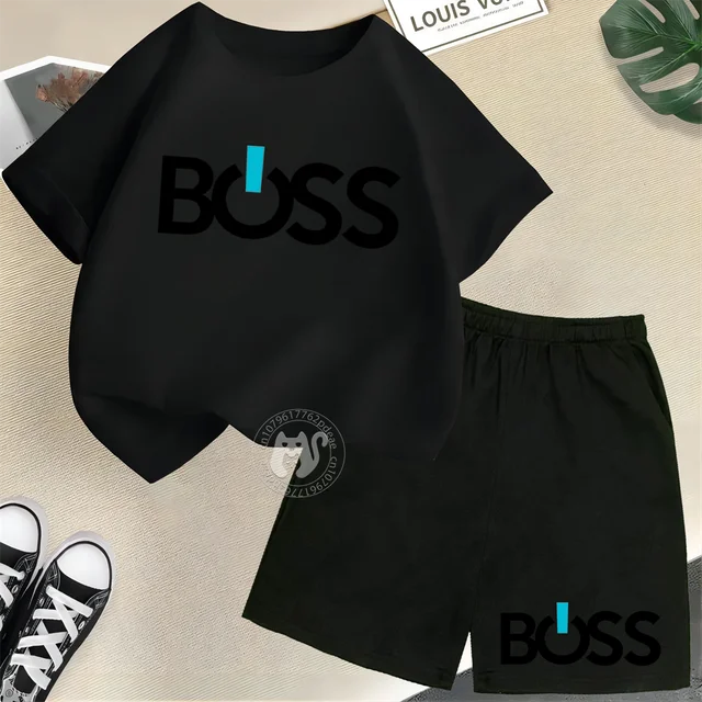 T-shirt blanc imprimé « Kids to be Boss » pour l'été, ensemble 2 pièces avec short, vêtements pour filles et garçons 1