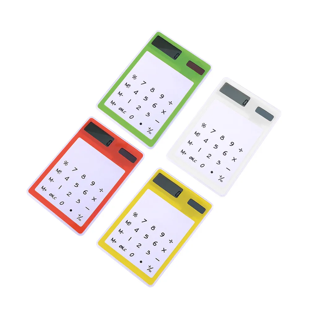 4Pcs 태양열 계산기 투명 터치 패널 학교 사무실 데스크탑 용품을위한 휴대용 미니 계산기 노란색 녹색 흰색