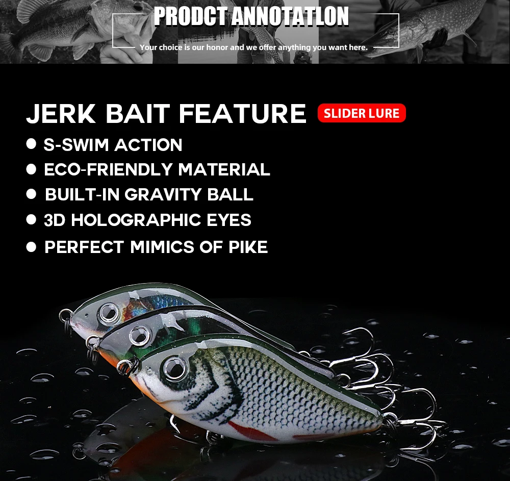 Agoie Sliders Jerkbait-Köder, Wobbler für Hechtbarsch-Angelköder, 60 mm, 13 g, harter Köder, sinkende lippenlose Wobbler, Angelausrüstungsköder – Detail 1