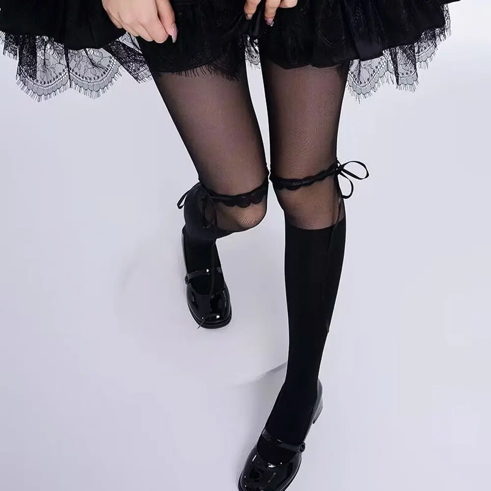 Description Picture 4 of itemWomen Bow Stockings Splice Slim Thin Party Thigts Nylon Club Gothic Lolita Black Pantyhose Straps Y2k