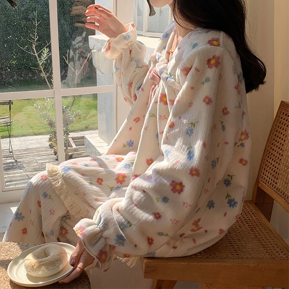 Square Collar Floral Long Sleeved Pullover Top+Loose Pants 2Pcs Women's Sleepwear Sets Winter New Flannel Girls Home Nightgown