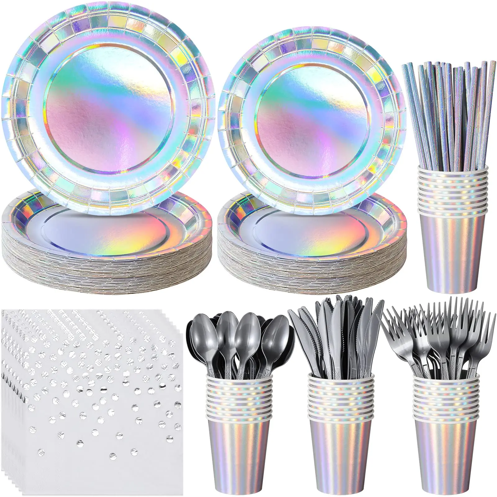 

Party Supplies Set: Decorative Paper Plates, Napkins, Disposable Iridescent Cups, Knives, Spoons, Forks, Straws - Serves 50