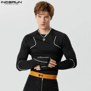 INCERUN 남성용 O넥 패치워크 스트라이프 티셔츠, 캐주얼 단색 골무, 긴팔, 캐미세타 S-5XL, 미국 스타일, 패션 상의, 2023