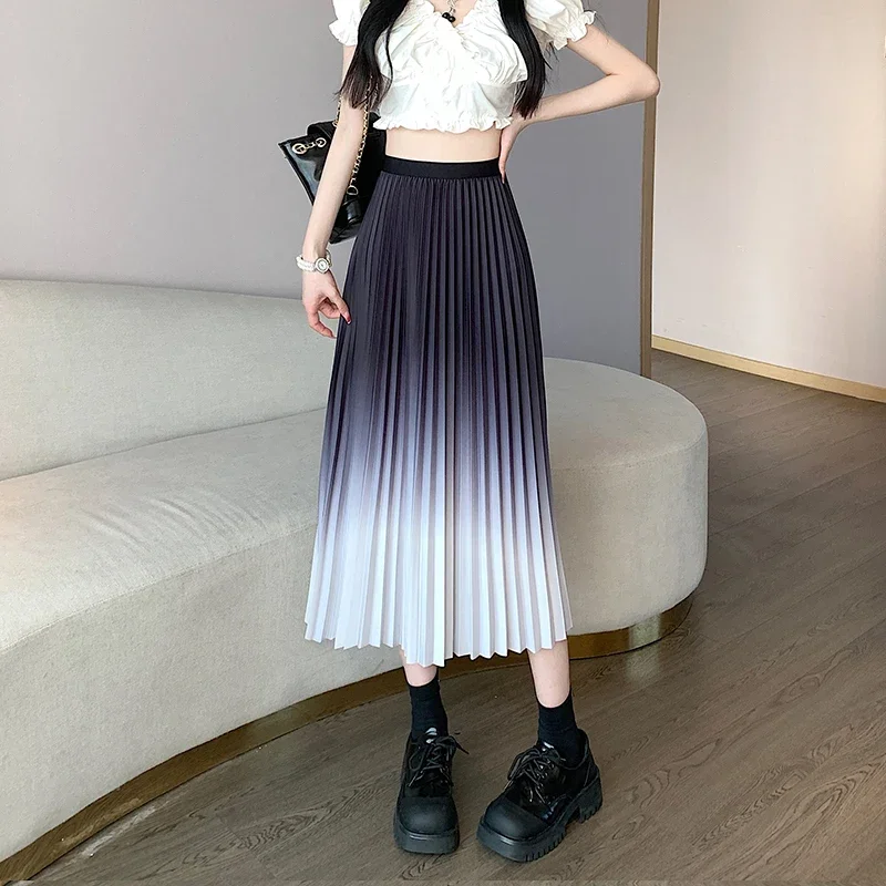 

Fashion Gradient Pleated Skirts Women Spring Summer 2023 New High Waist Elastic A-line Long Skirt Female