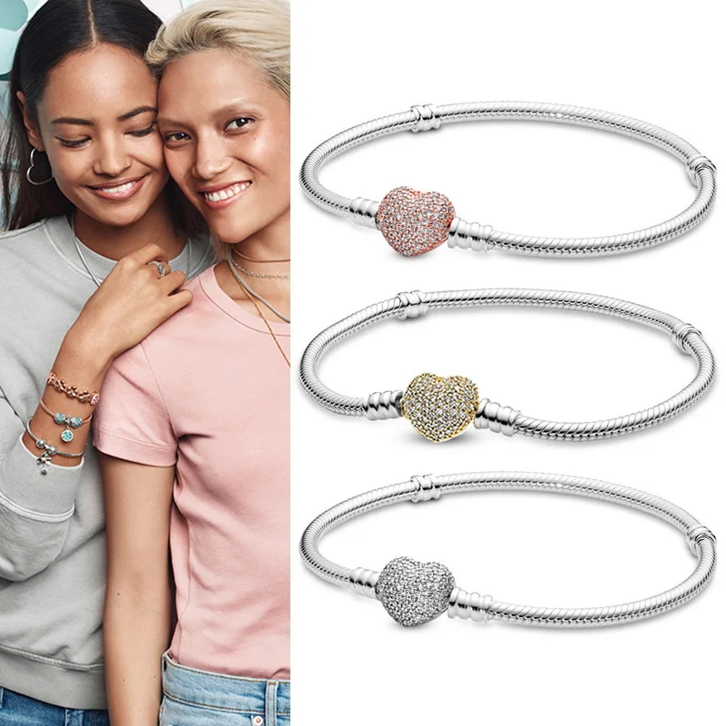 

100% 925 брелок Silver Shiny Rose Gold Heart With Crystal Button Pan Bracelet Fit European Charm Bracelets Women Jewelry