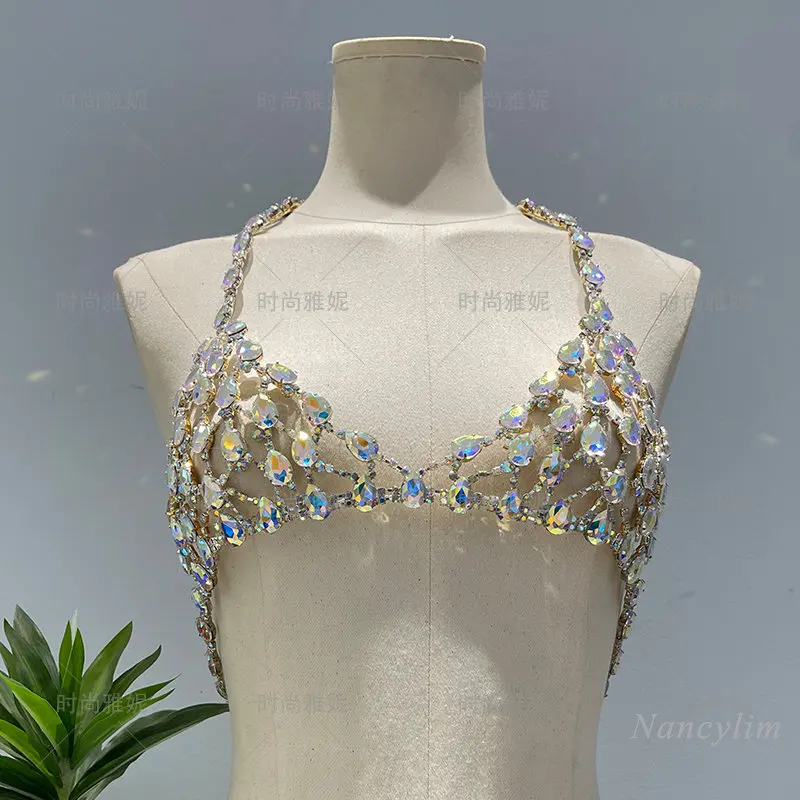 

New Diamond Beaded Wrapped Chest Bra Women's Y2K Top Sexy Body Chains Hanging Neck Fashion Night-Club Camisole Crop Top