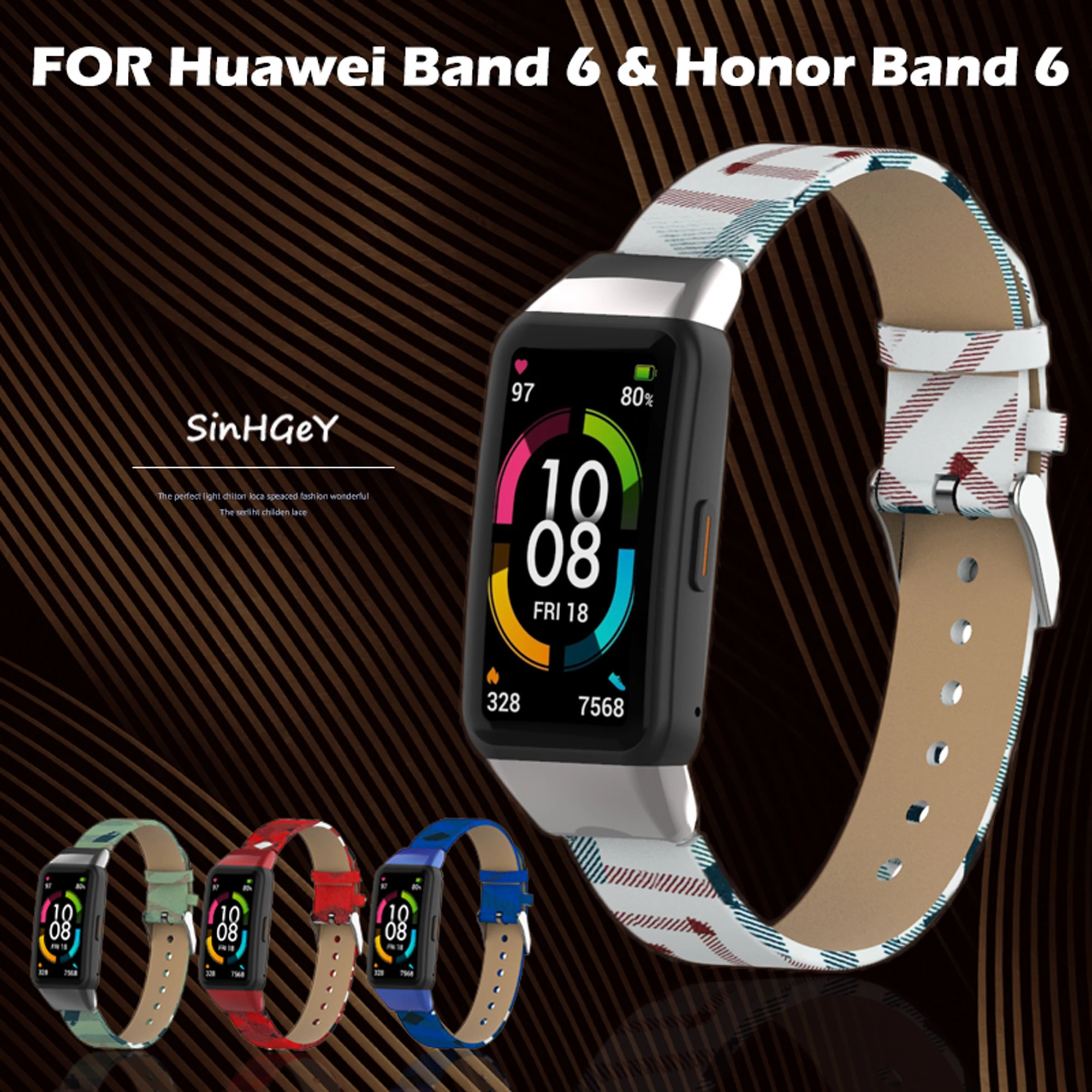 

SinHGeY Leather Strap For Huawei Band 6 Honor Band 6 Strap Printing Replacement Wristband