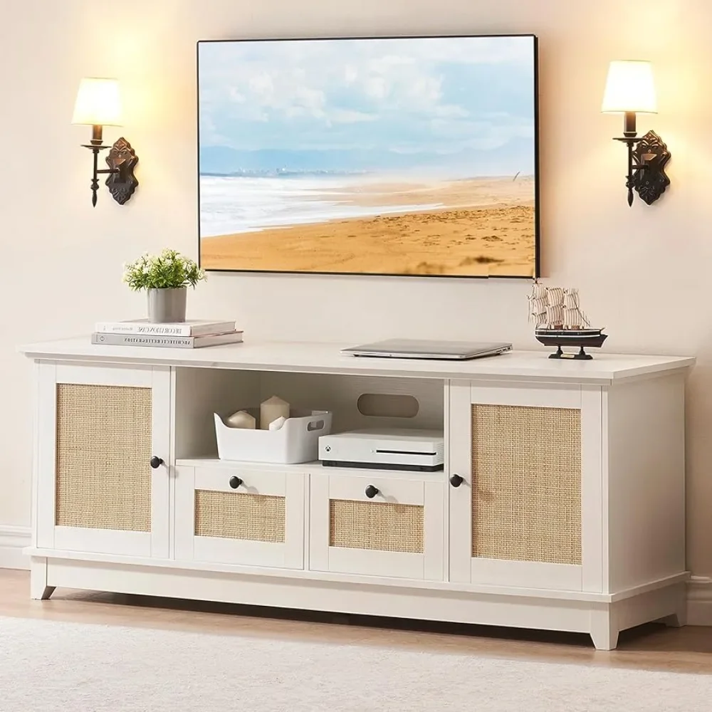 

TV Stand for 65+ Inch TV, Rattan Entertainment Center TV Media Console Table, Modern TV Stand with Storage and Mesh Door